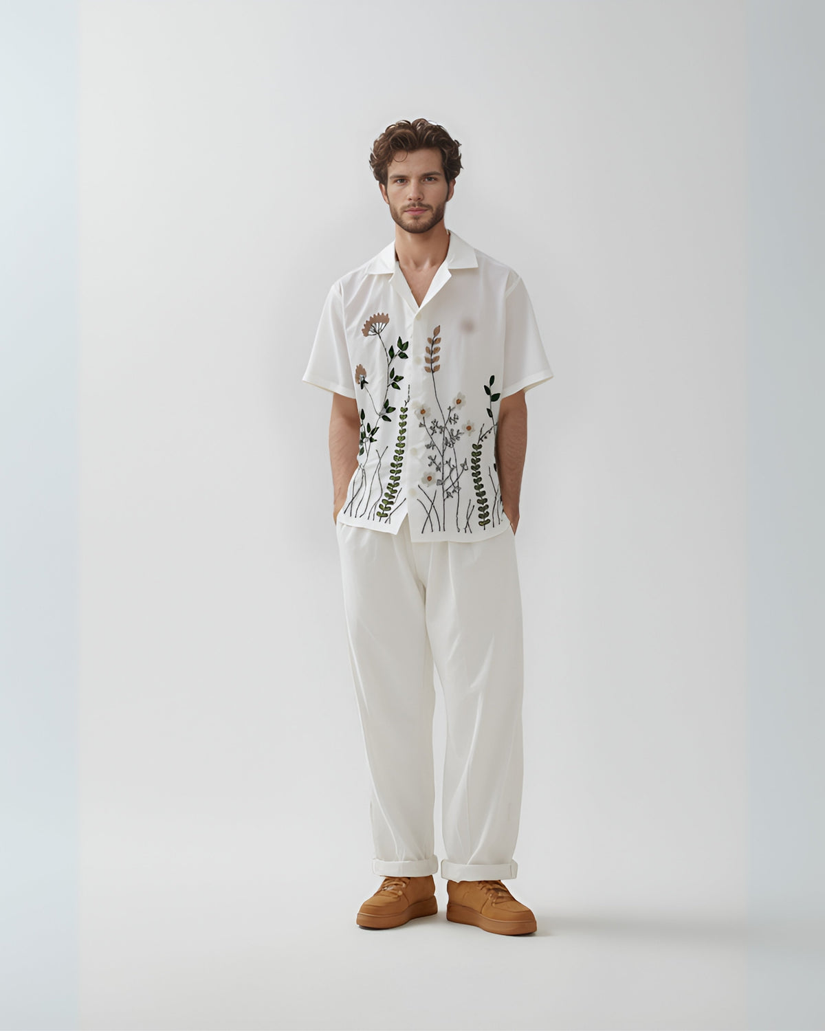 Men's hand-embroidered cotton shirt with a multicolour floral motif stitched in real thread