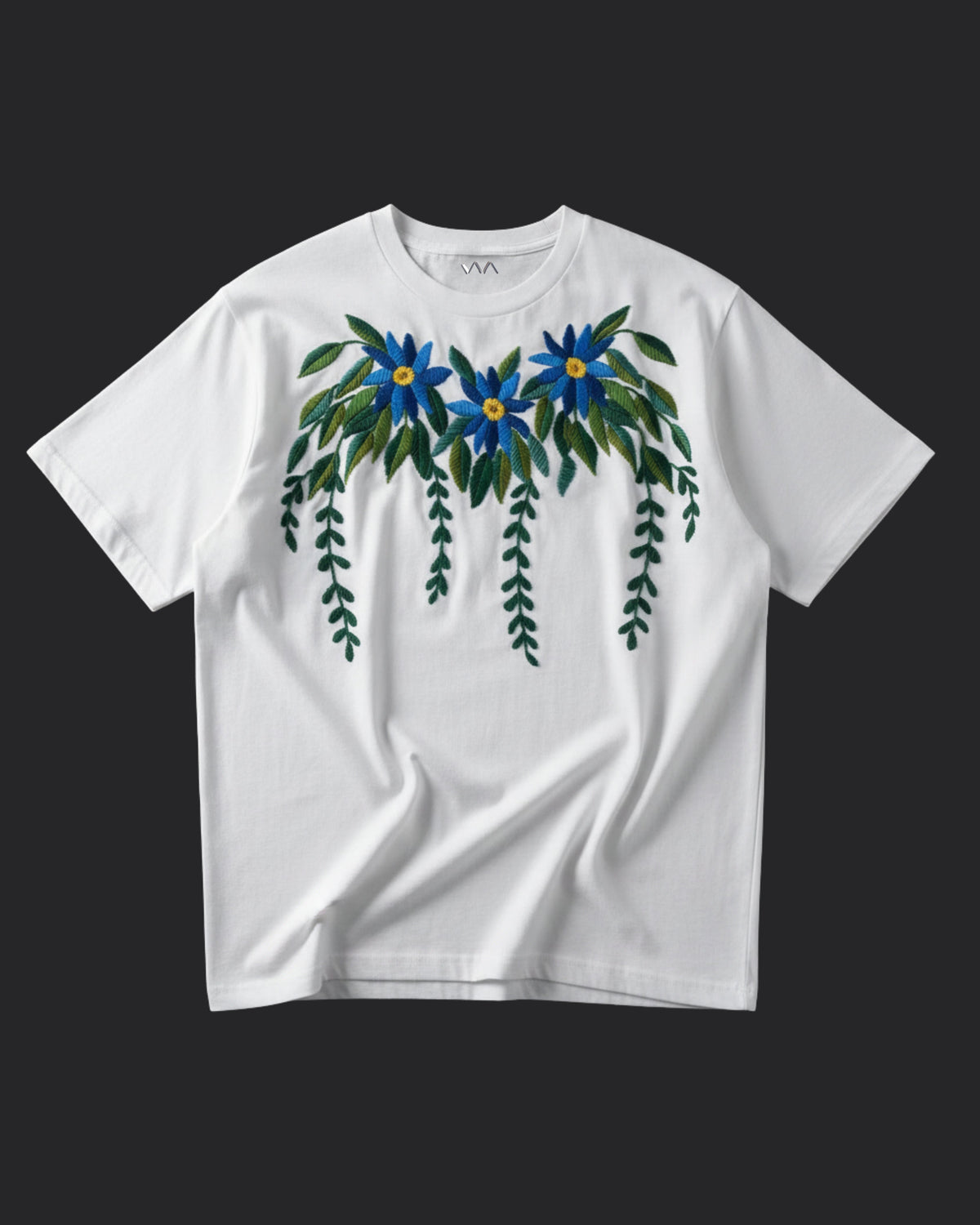 Hand embroidered t-shirt - white cotton tee with a floral motif stitched in real thread by hand