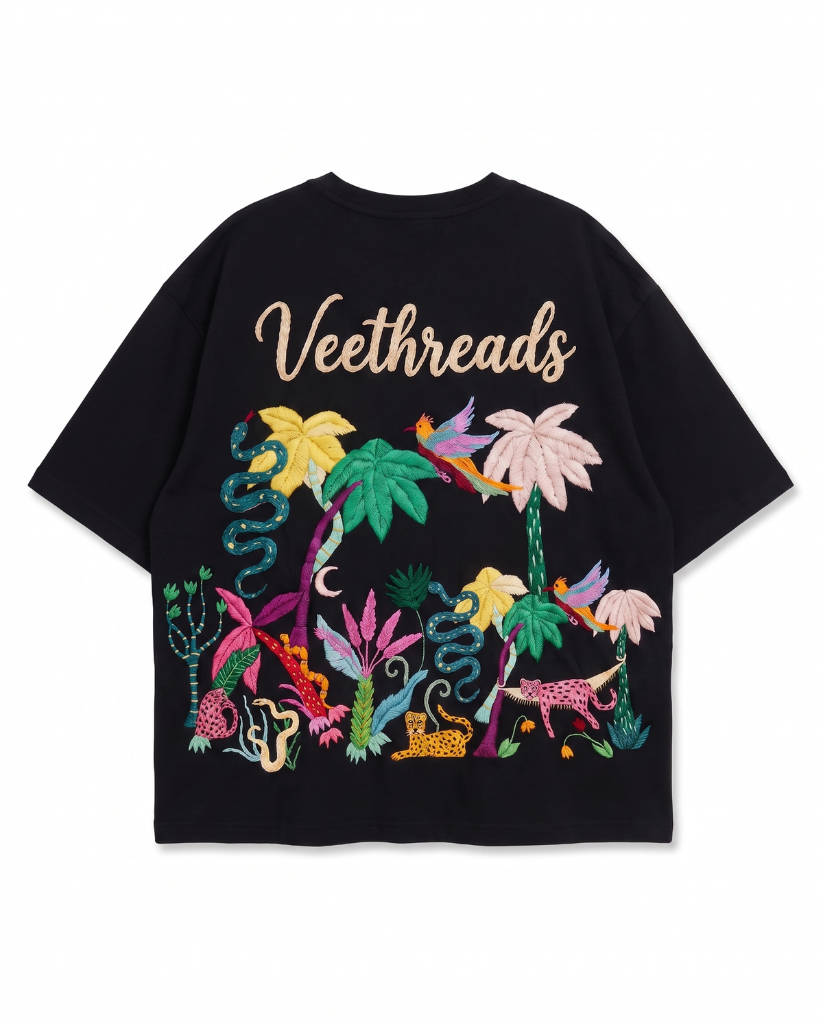 Back of the Night Jungle black oversized t-shirt with hand-embroidered palms, snakes, leopards and birds under a cream moon