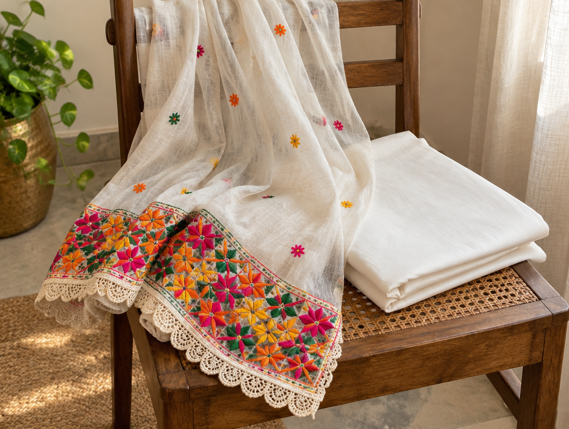 Dupatta with hand embroidered phulkari style border and needle lace edge