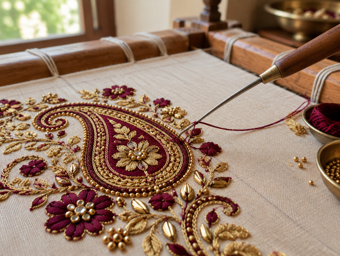 Aari hook pulling silk thread through fabric on a wooden frame, forming chain stitch embroidery