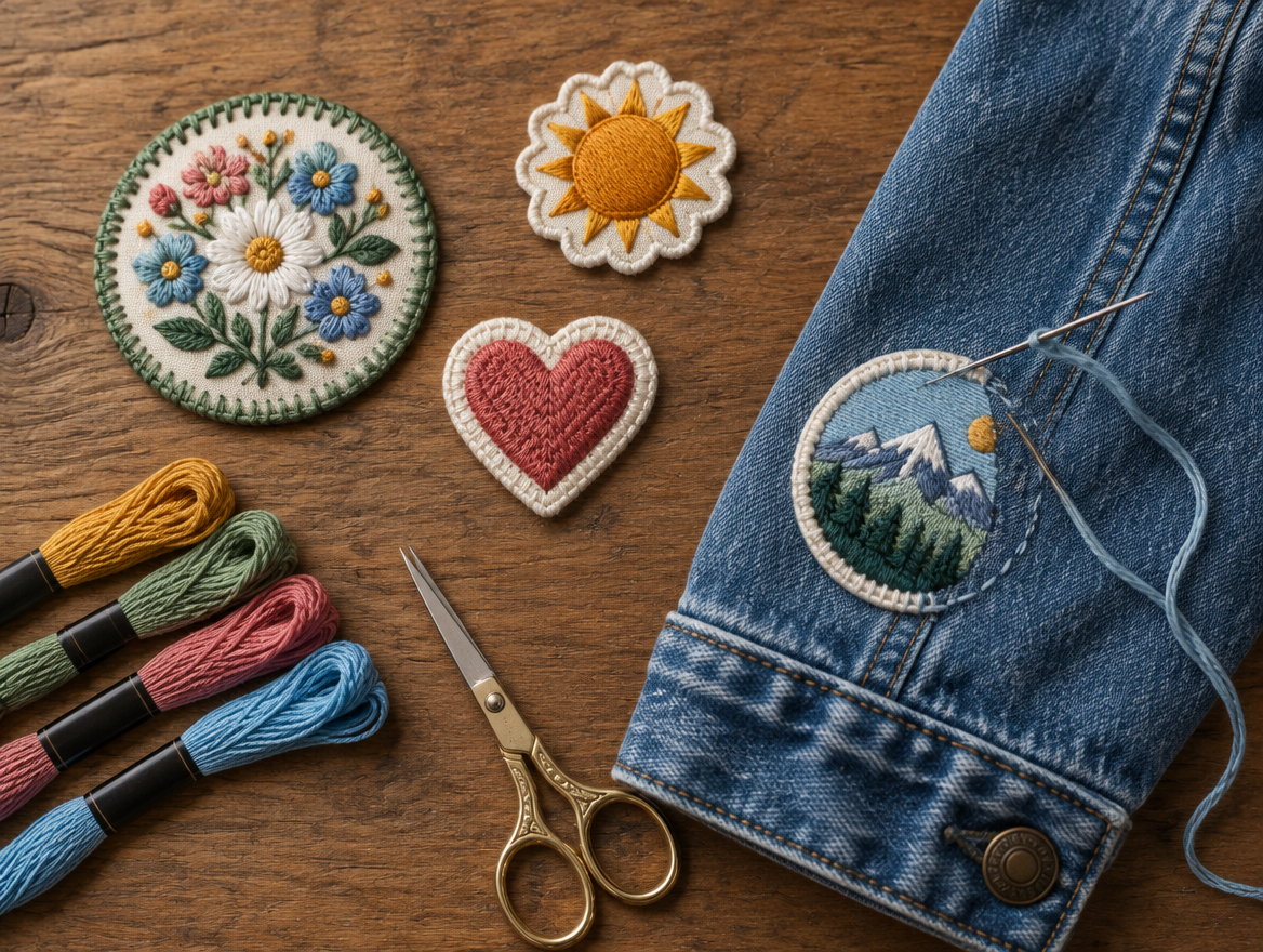 Hand embroidered fabric patches, one being sewn onto a denim jacket sleeve