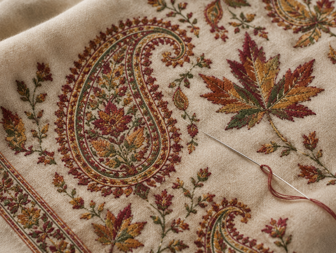 Fine sozni needle embroidery of paisley and chinar motifs on a pashmina shawl