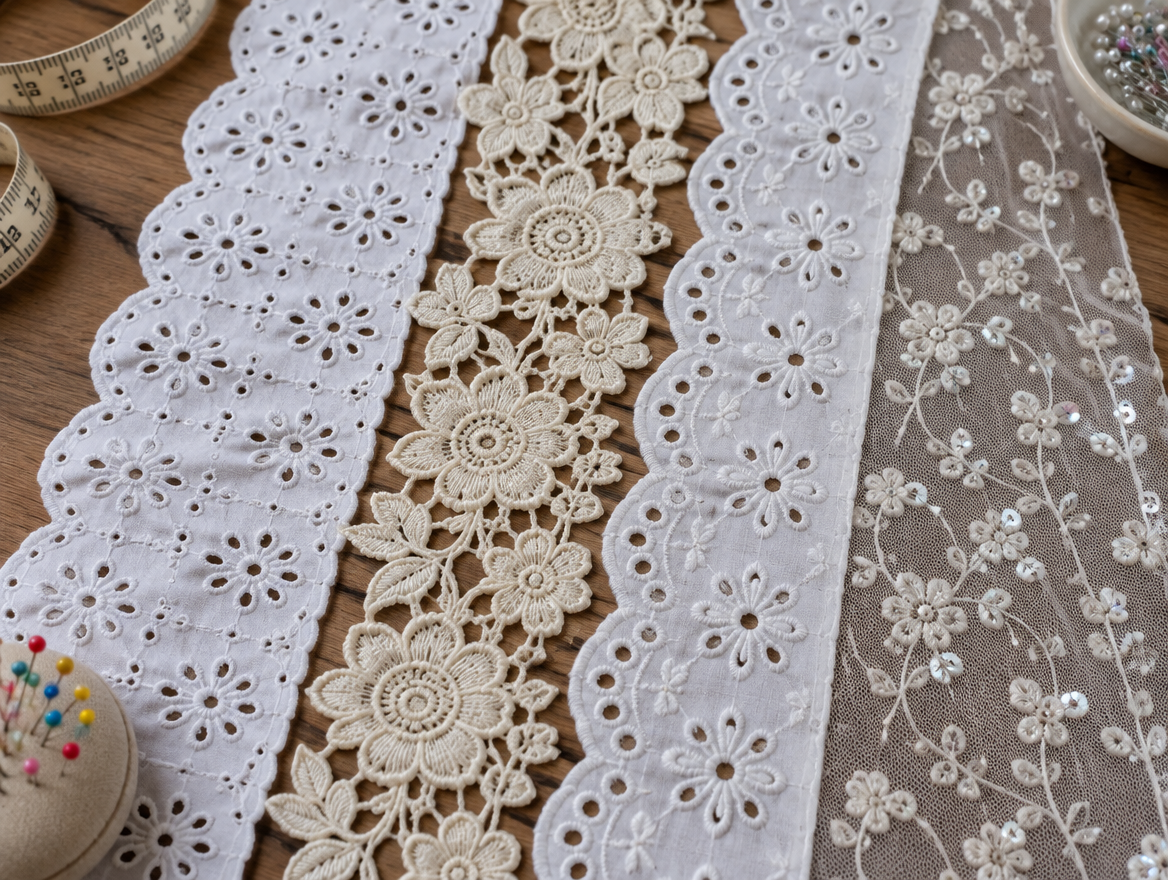 Eyelet, guipure, schiffli and embroidered net lace trims laid side by side