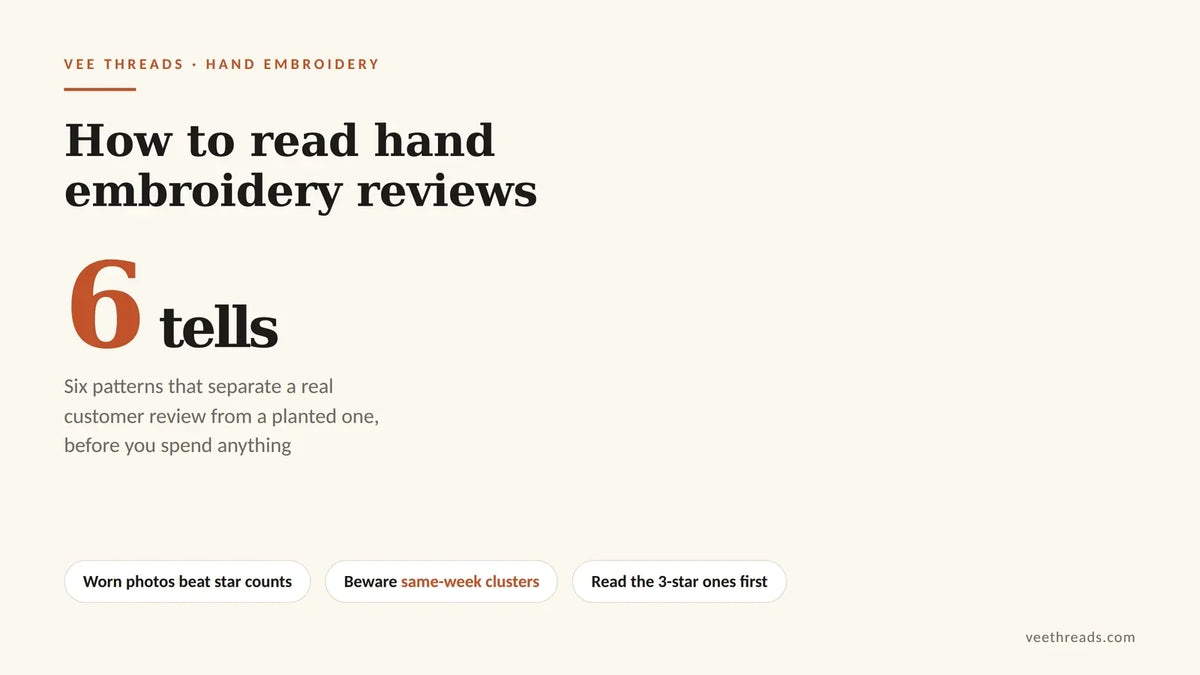 Infographic showing six tells for spotting fake hand embroidery reviews including clustered dates and missing worn photos