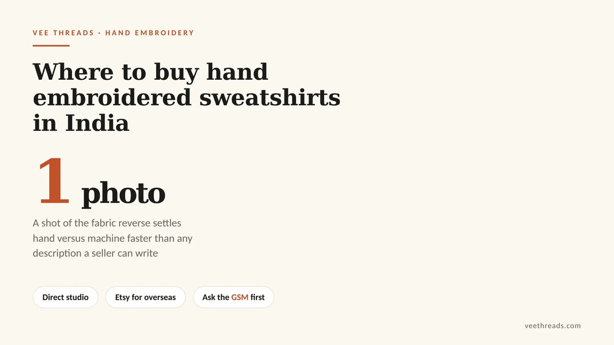 Infographic showing that a photo of the fabric reverse is the fastest way to tell hand from machine embroidery on a sweatshirt