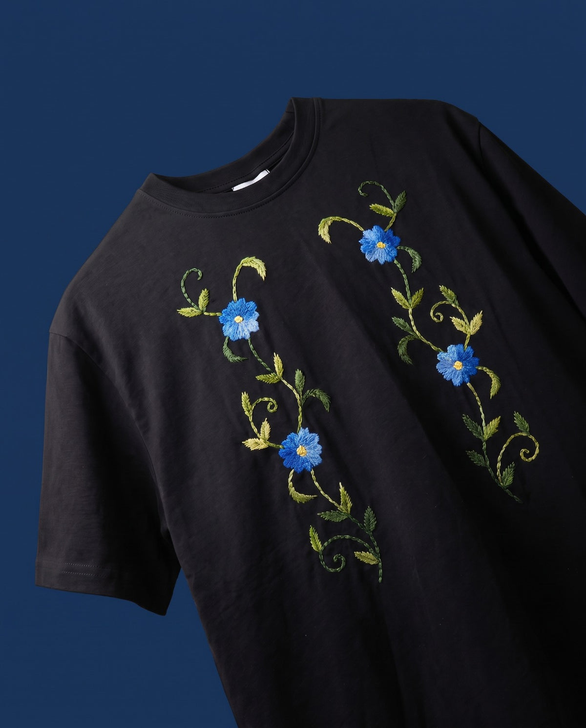 Neelbel Hand-Embroidered Blue Floral Oversized T-Shirt, Black