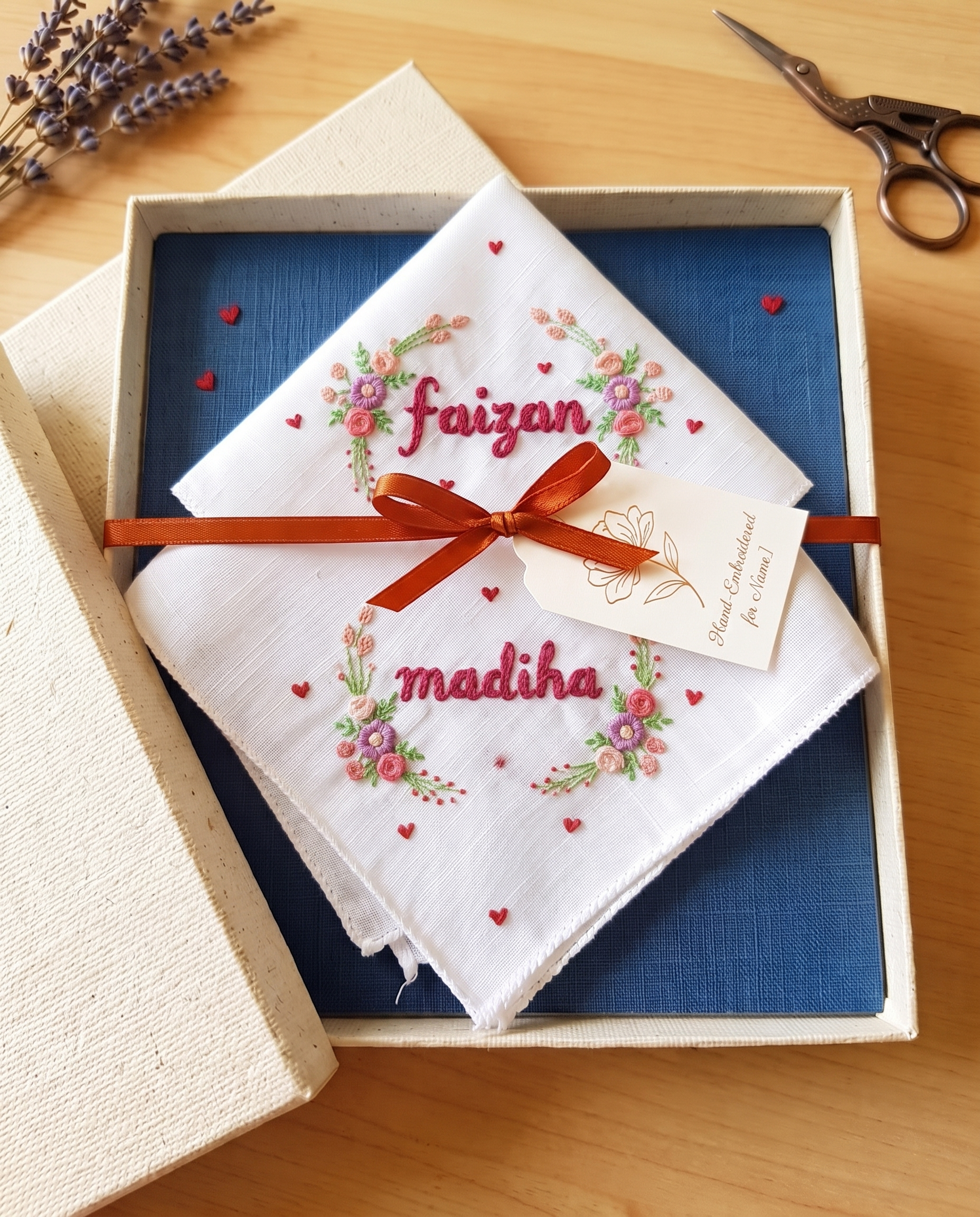 A folded white embroidered hanky or handkerchief inside a beige gift box, tied with a rust-brown ribbon and a small tag. The cloth has floral embroidery and the names 'Faizan' and 'madiha' in red script, with small red hearts scattered on a dark blue insert.