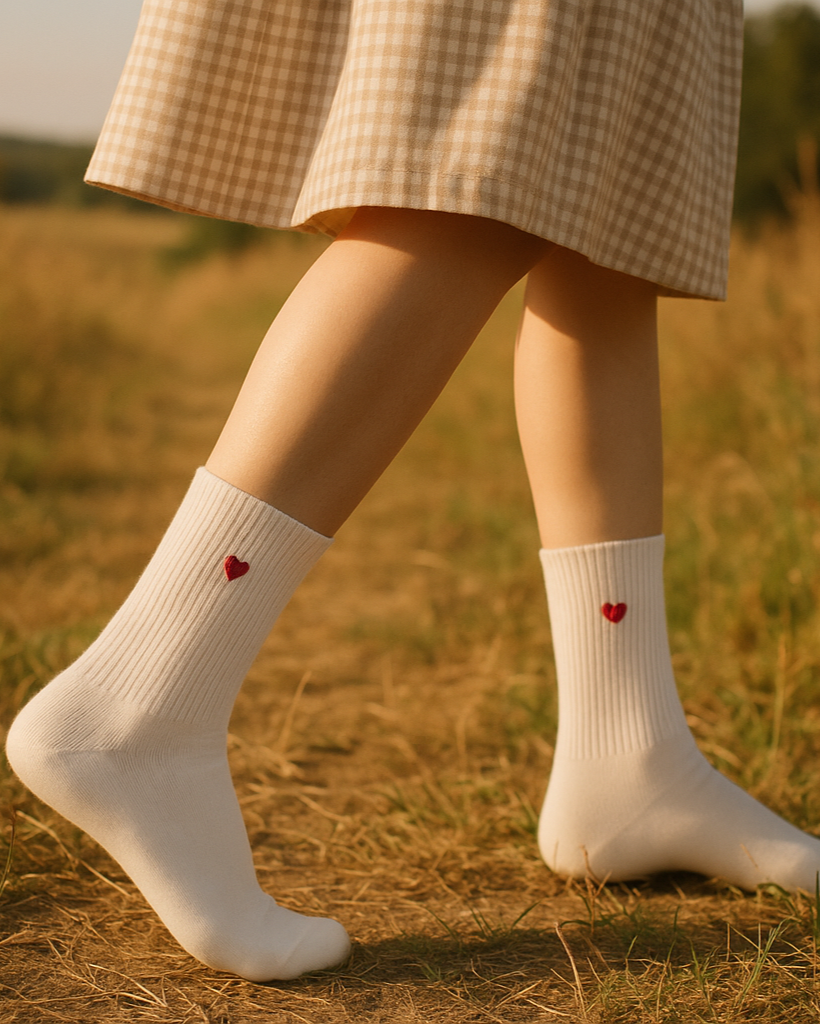 A pair of white socks with red heart embroidery, worn with a beige skirt in a field.