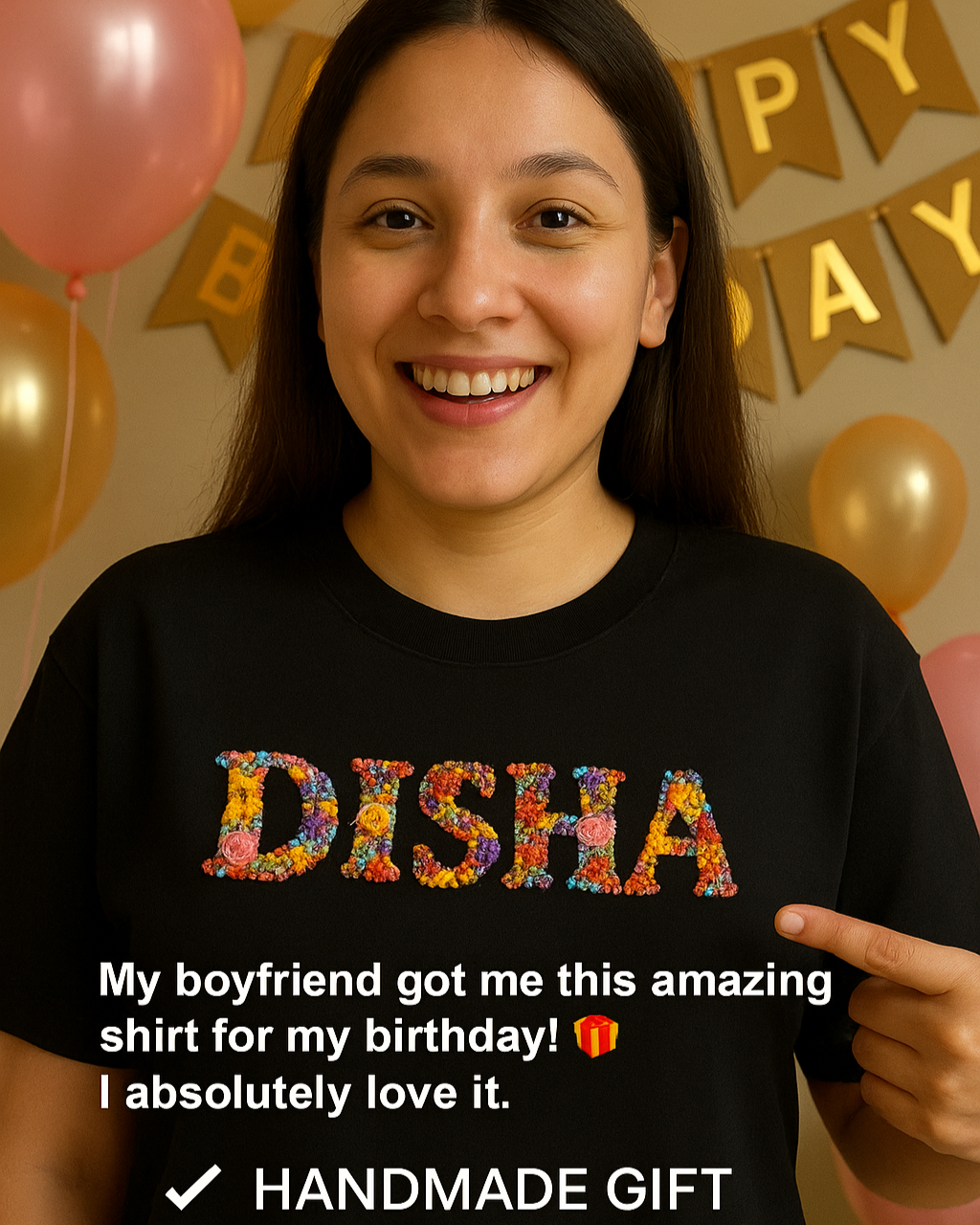 Person wearing a black shirt with customised name , standing in front of balloons and a 'Happy Birthday' banner.