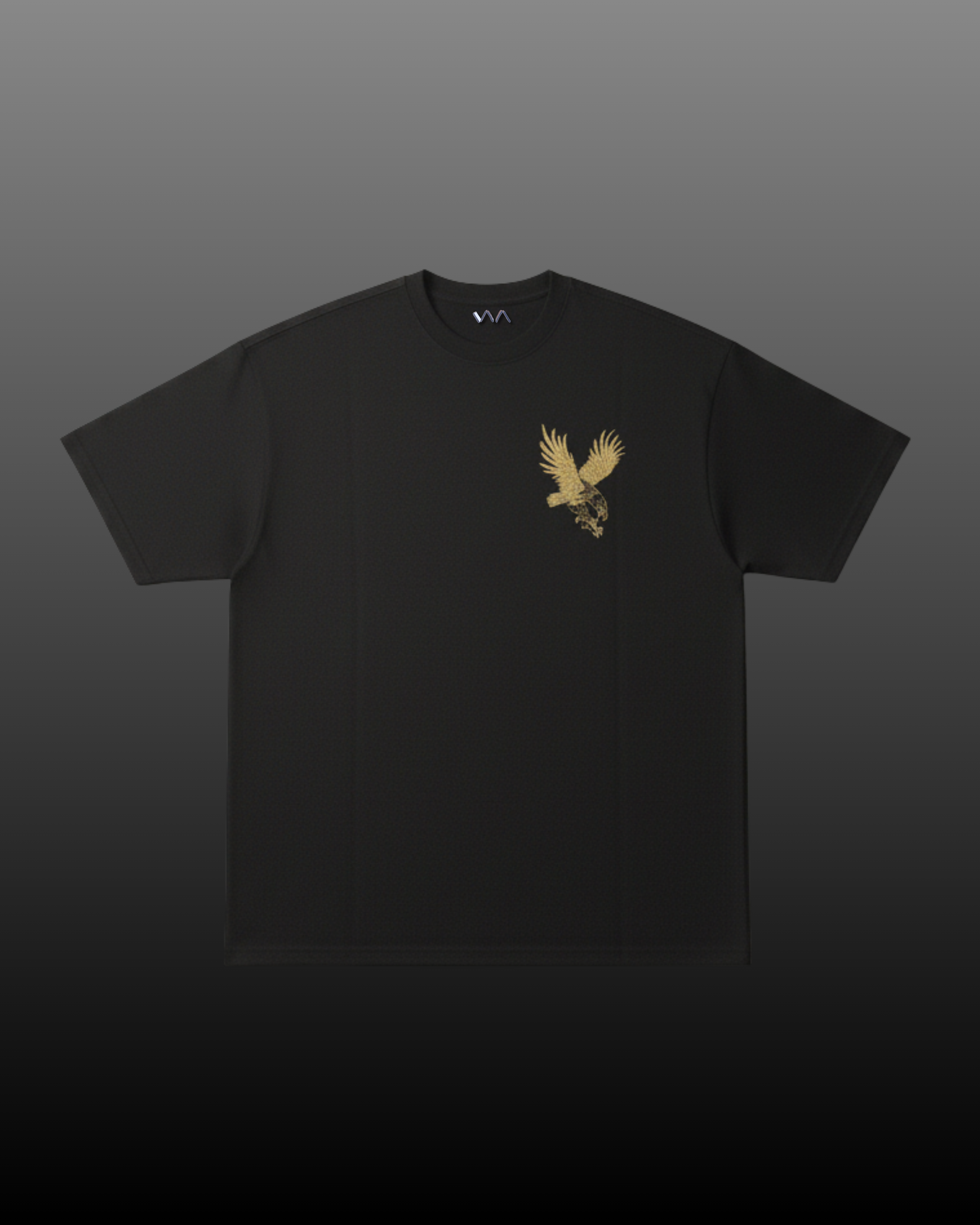 Black t-shirt with a small eagle design on a dark gray background