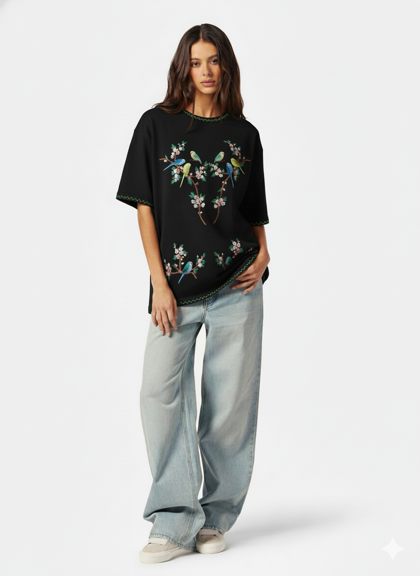 Woman wearing a black t-shirt with floral and bird design and light blue jeans on a white background