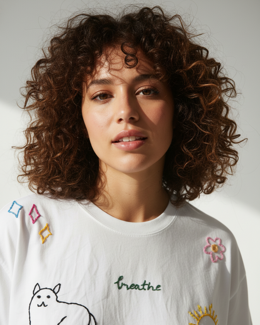 Woman wearing a white shirt with various designs and text on a plain background