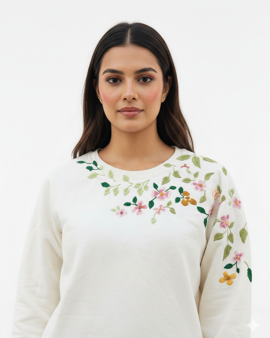 Woman wearing a white sweater with floral embroidery on a plain background