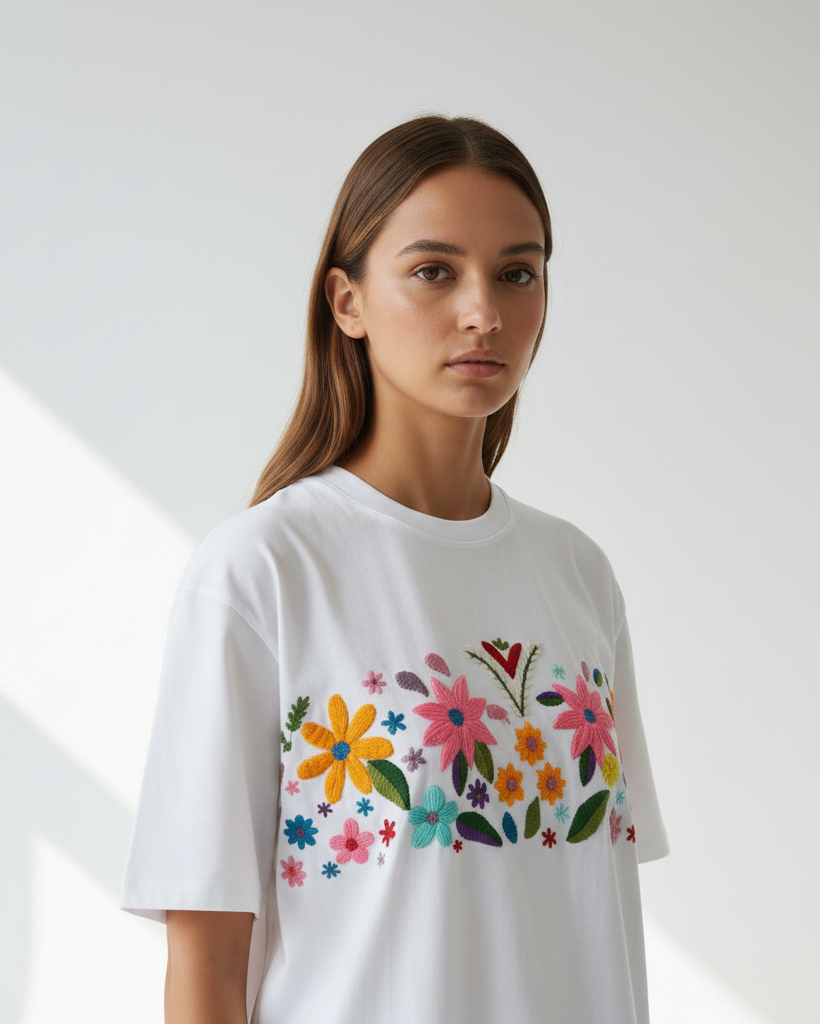 Woman wearing a white t-shirt with colorful floral designs on a plain background