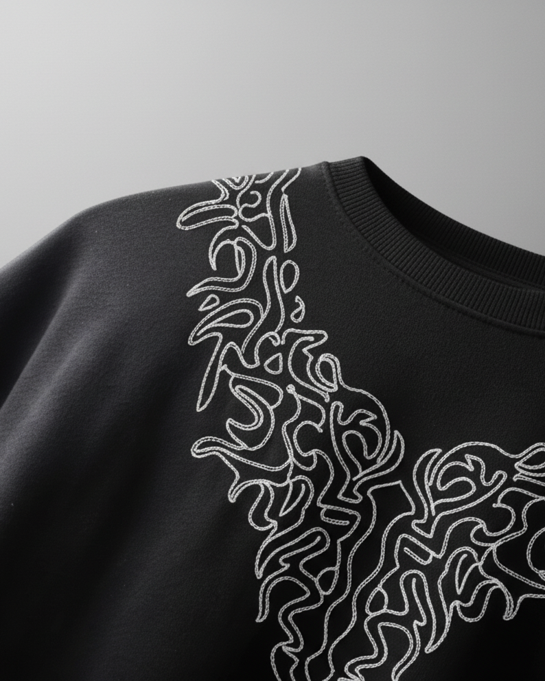 Black sweatshirt with white embroidered design on a gray background