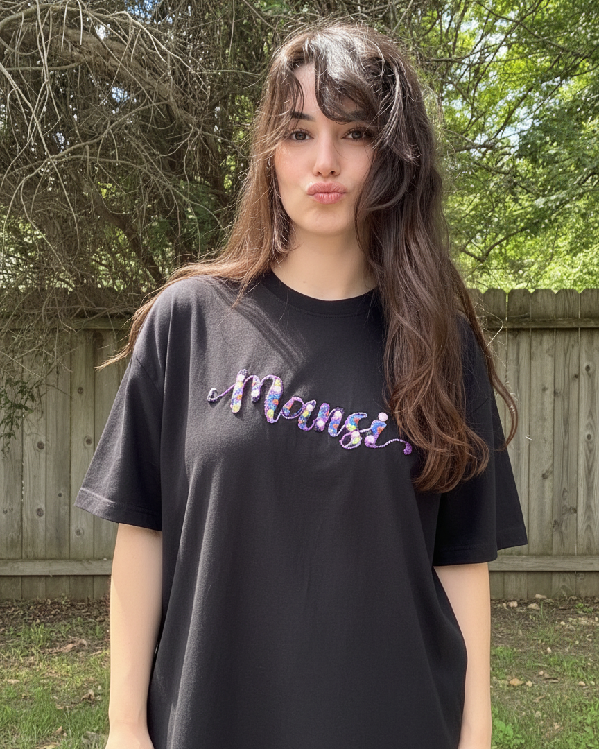 female wearing a customised name tshirt