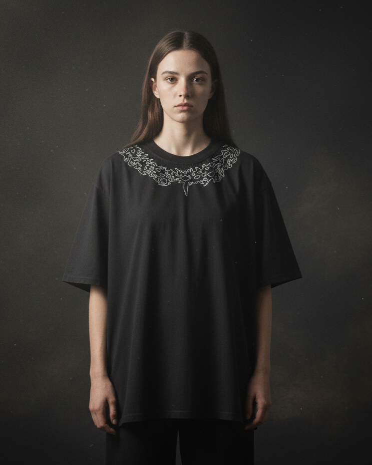 Person wearing a black t-shirt with lace collar against a dark background