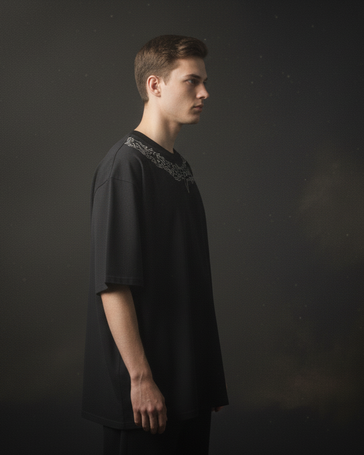 Man wearing a black shirt with lace details on a dark background