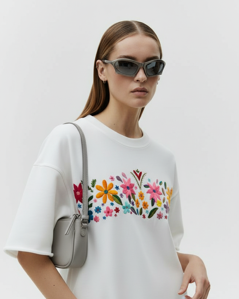 Woman wearing a white dress with floral embroidery and holding a gray bag against a white background