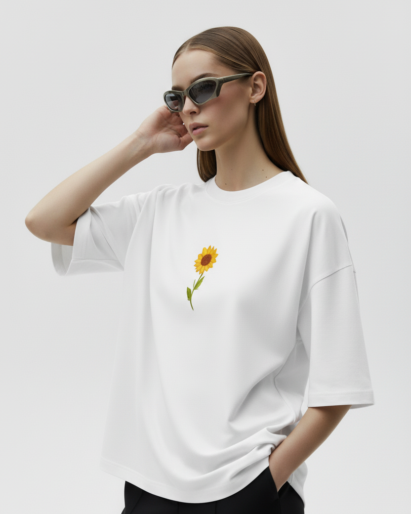 Person wearing a white t-shirt with a sunflower design on a plain background
