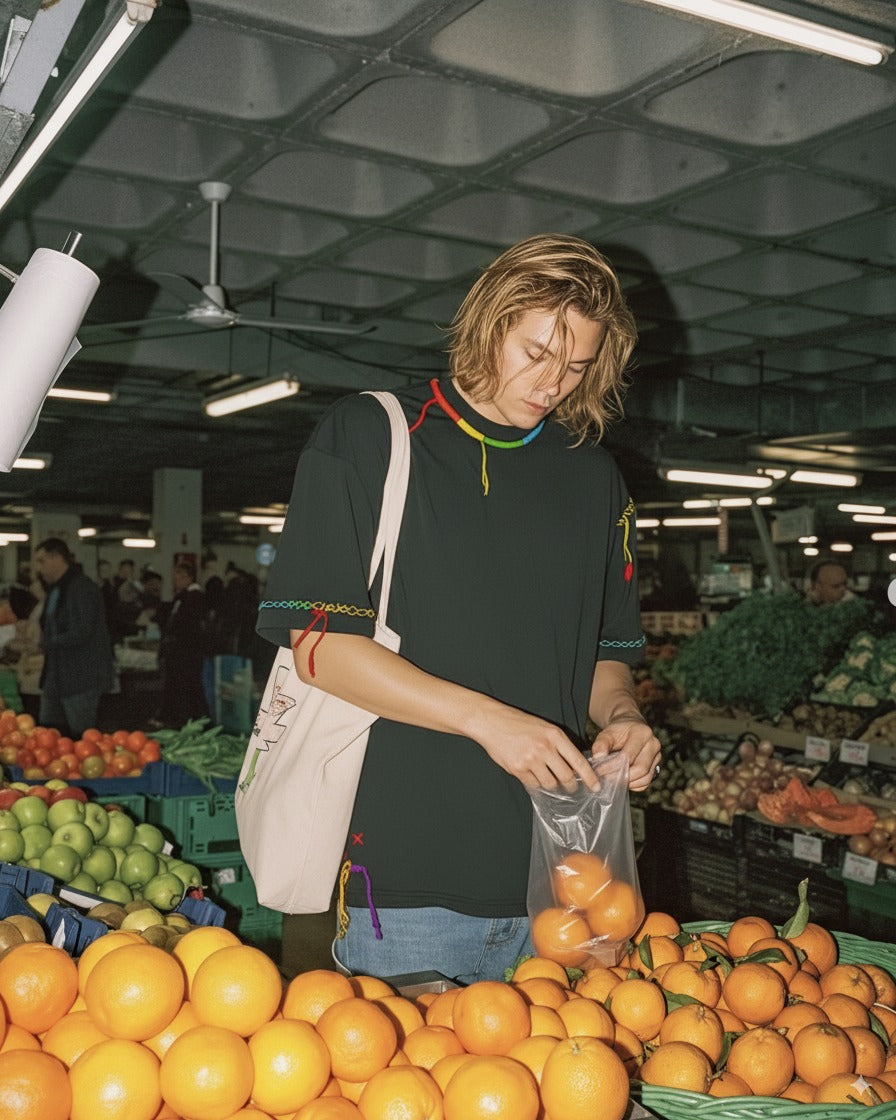 Person wearing embriodered shopping for oranges in a market