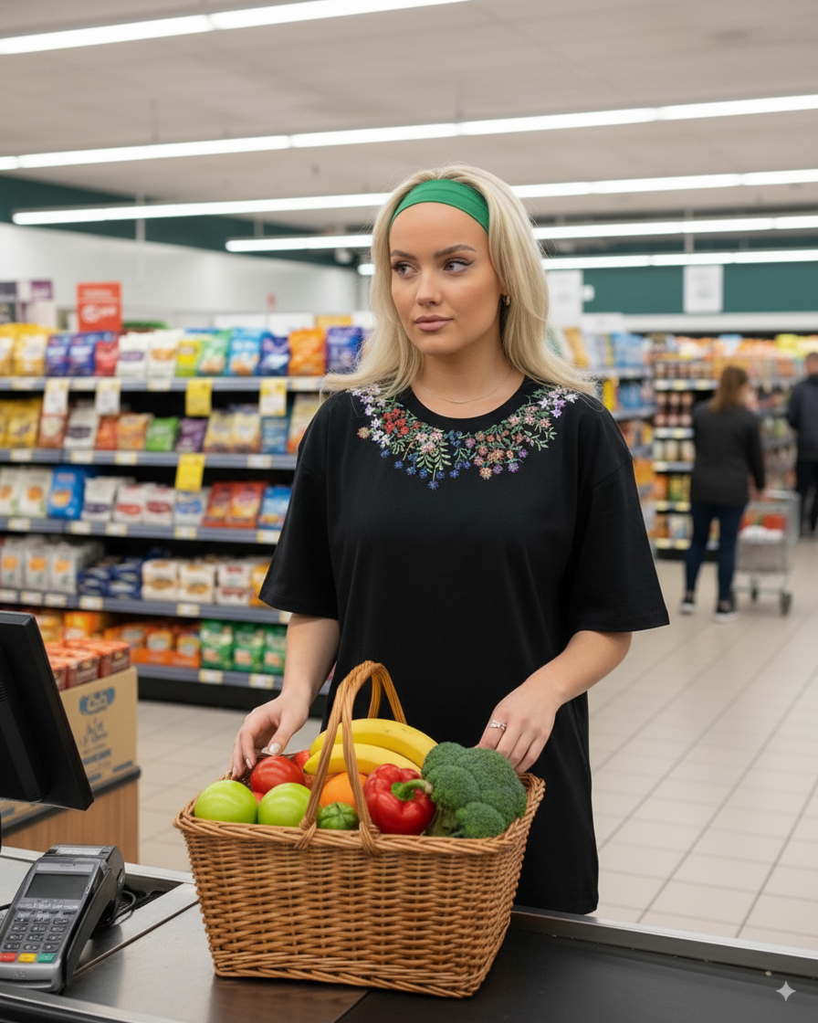 Woman is wearing a floral embroidered tshirt on fruit counter