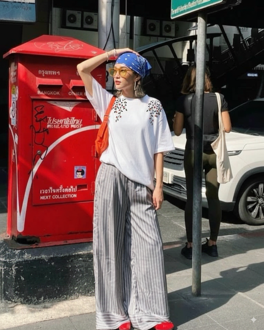 Person wearing hand embroidere tshirt standing next to a red mailbox on a city streets