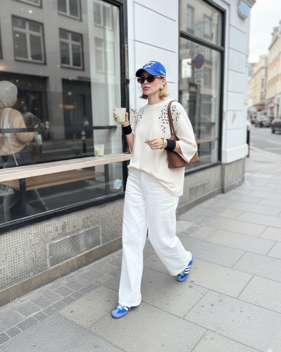 Person wearing embroidered tshirt walking on a city street holding a coffee cup, wearing a beige sweater and white pants.