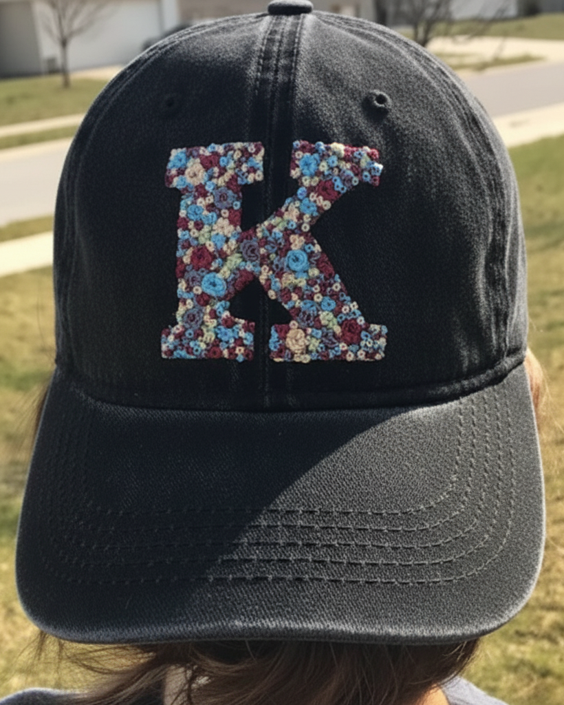 women wearing hand embroidered initial denim cap