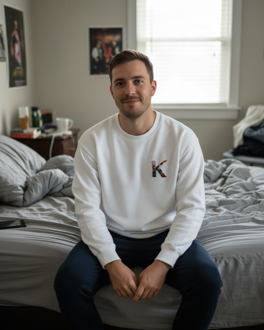 Man sitting on a bed wearing a customised white sweatshirt with a colorful 'K' logo hand embroidered in a bedroom.