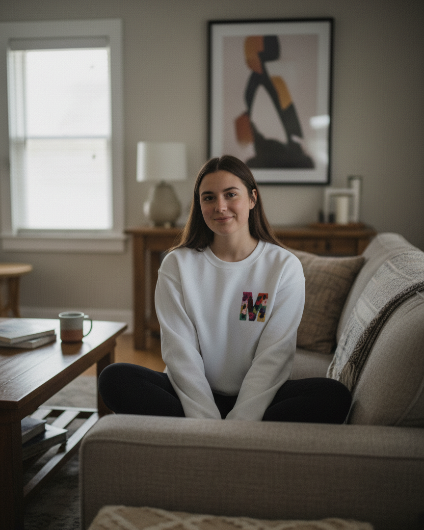 Woman sitting on a couch in a living room with a colorful custom embroidoered name letter on her sweatshirt