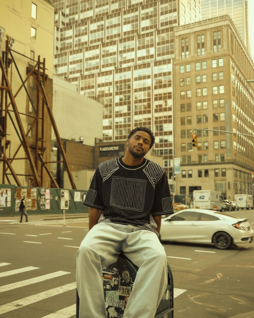 Person sitting on a chair with a cityscape background wearing a embroidered tshirt