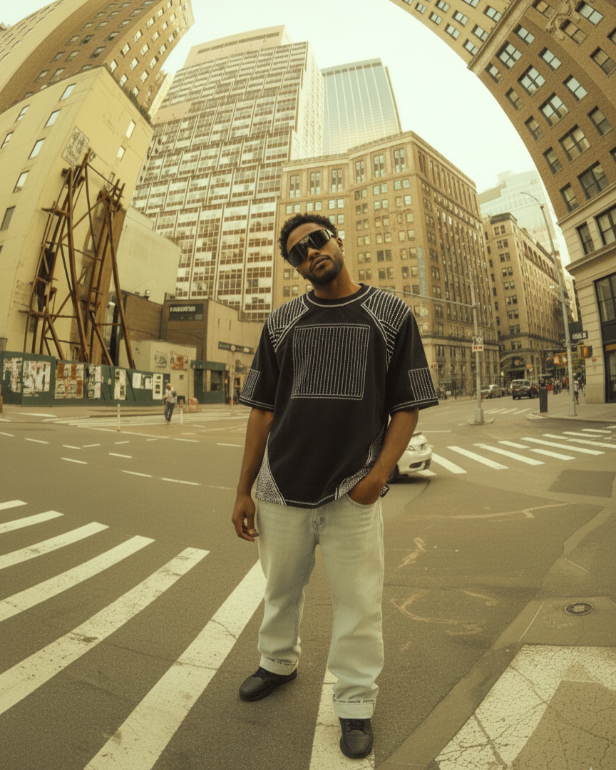Man standing on a city street with tall buildings in the background wearing a embroidered tshirt