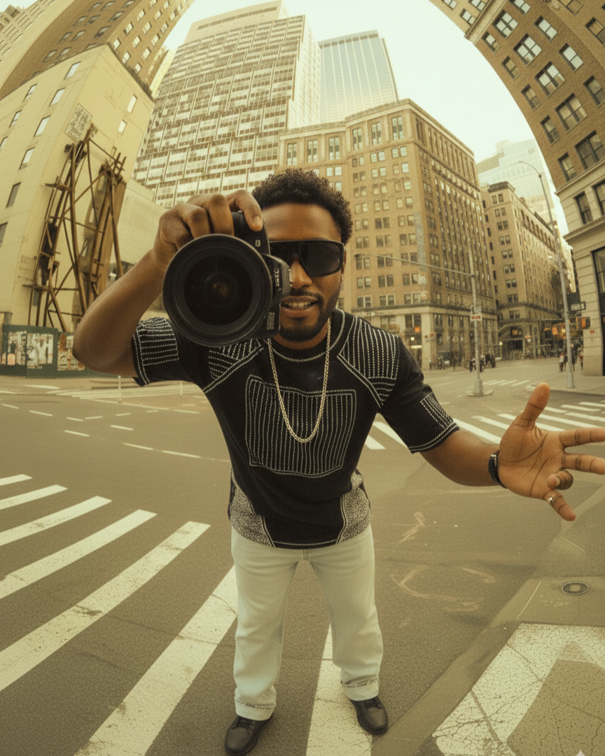 Person wearing a embroidered tshirt holding a large camera lens on a city street with tall buildings in the background