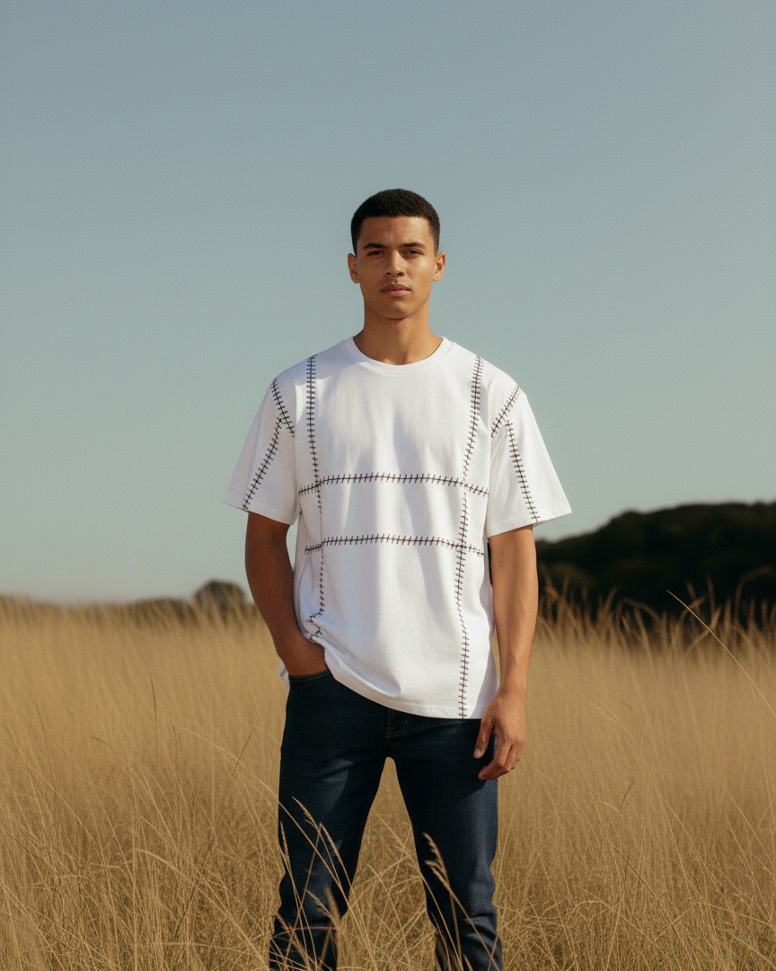Man standing in a field wearing a white t-shirt with black patterns embroidered on it.