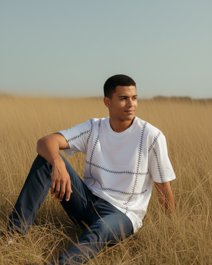 Man sitting in a field wearing a white embroidered shirt with black patterns