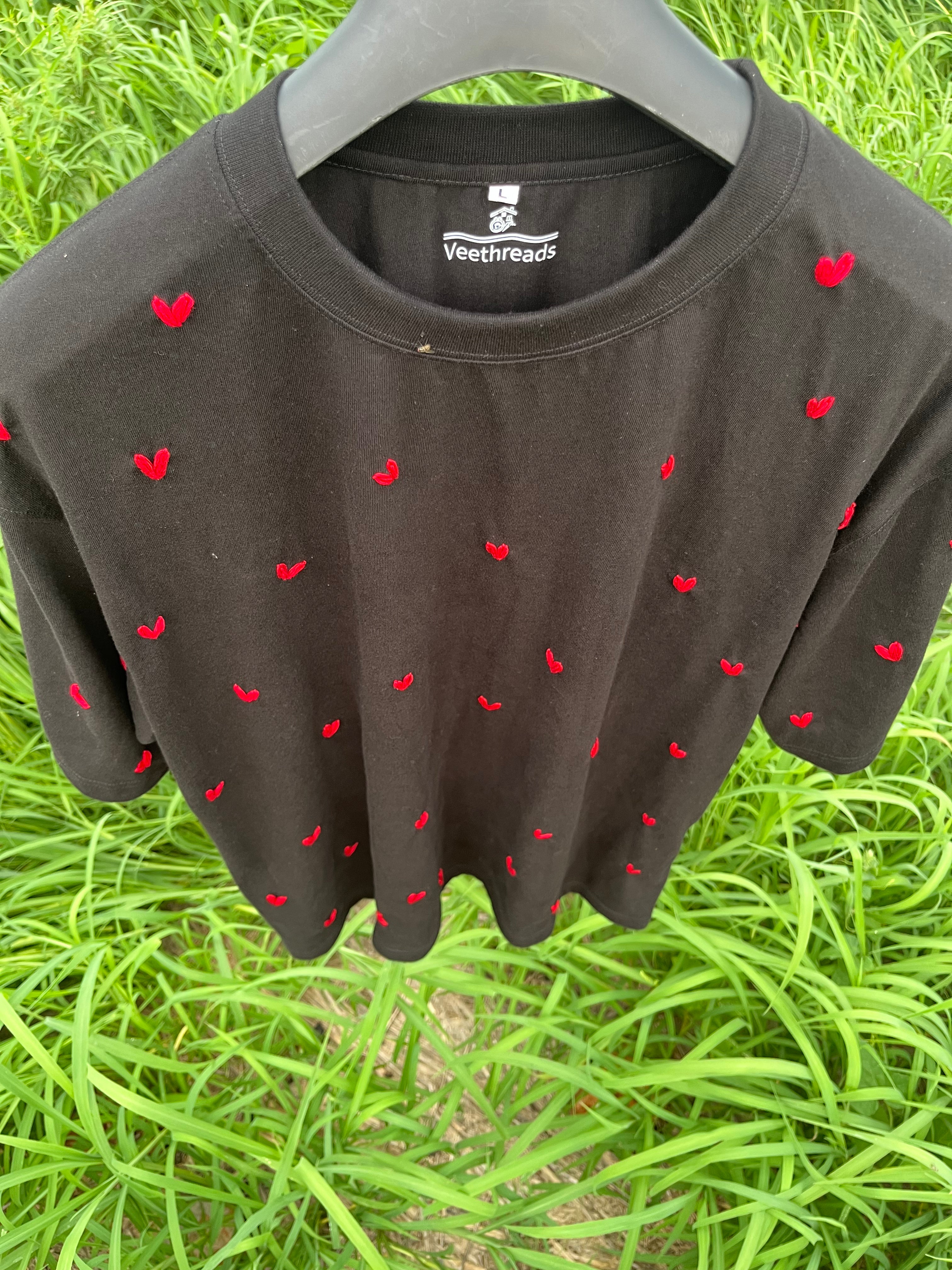 red heart embroidered t-shirt on soft cotton fabric