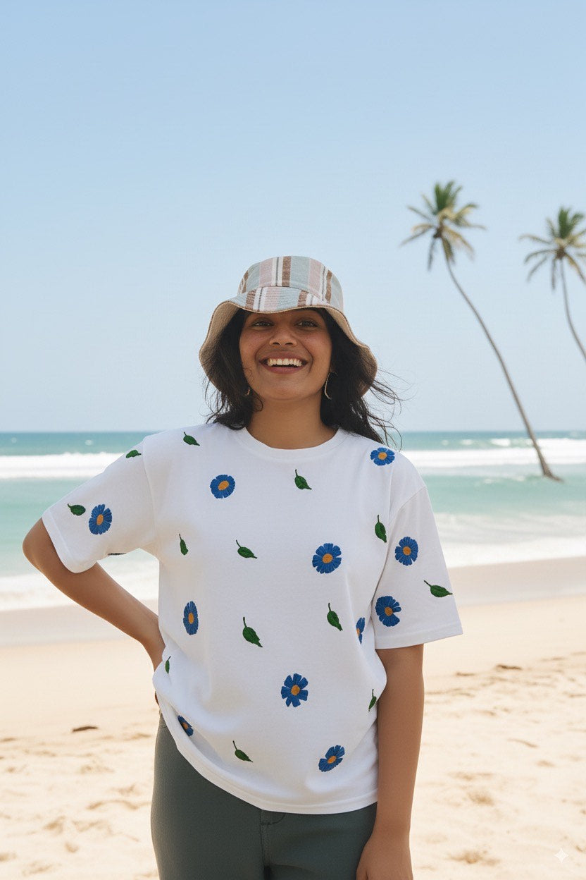 Azure Bloom Hand-Embroidered Oversized Tee (Unisex)