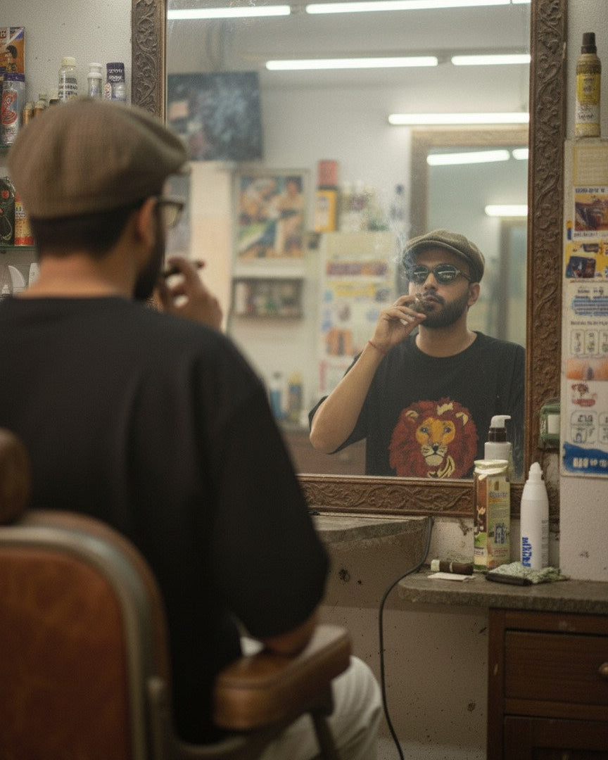 Man wearing a lion embroidered tshirt sitting in a barber chair with a mirror reflecting his actions in a barbershop.