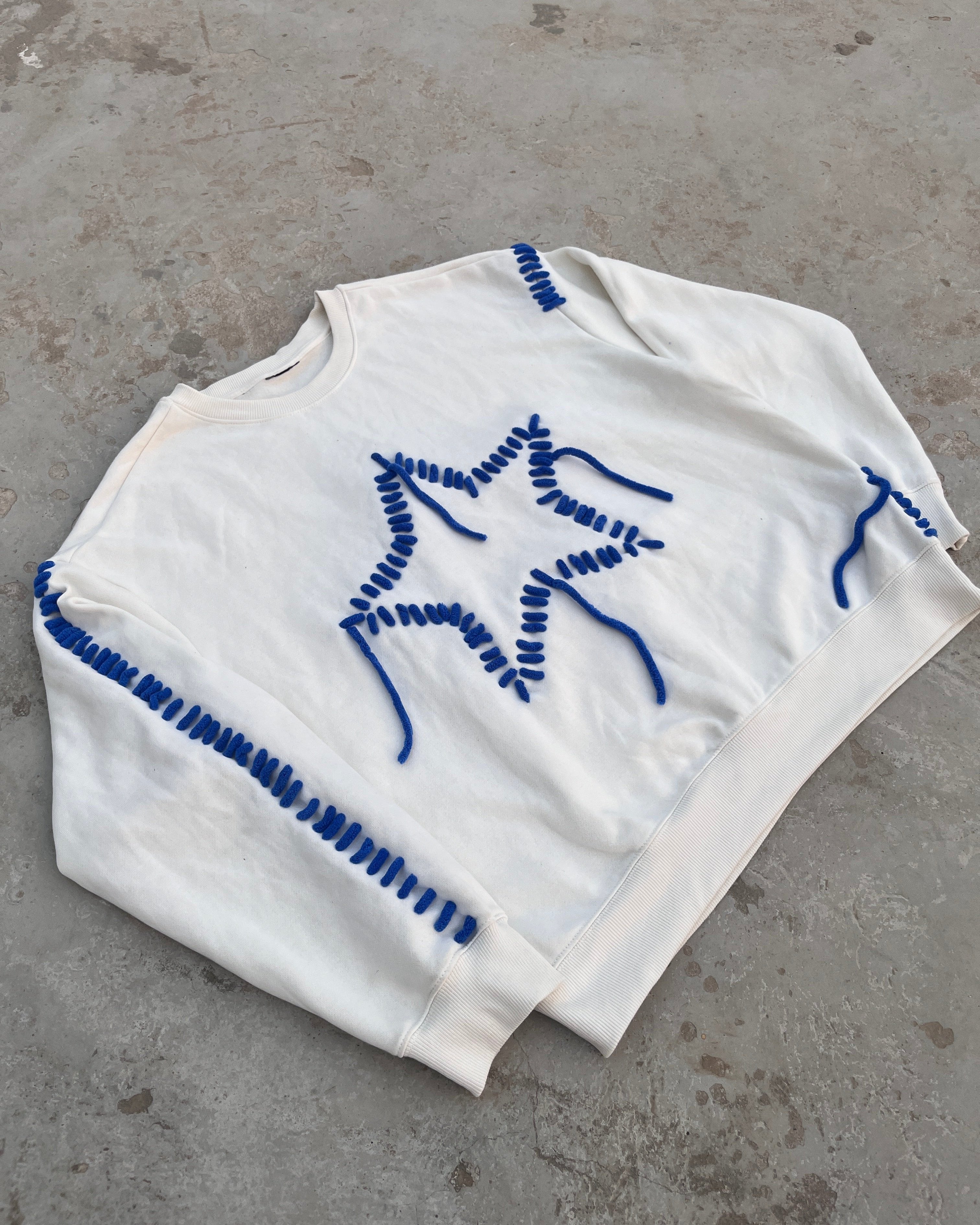 flatlay of embroidered streetwear sweatshirt