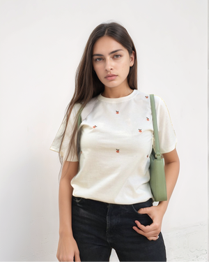Tomato cute hand embroidered t-shirt — white cotton tee with cute red tomato motif hand-embroidered on chest, oversized unisex fit