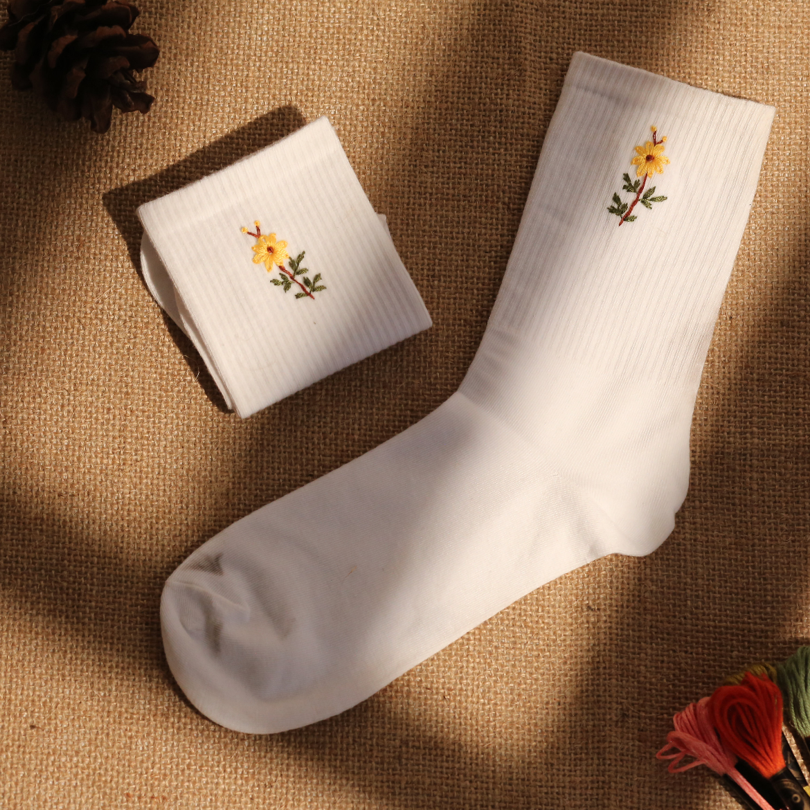 Tiny Sunflower Hand Embroidery Socks - Vee Threads