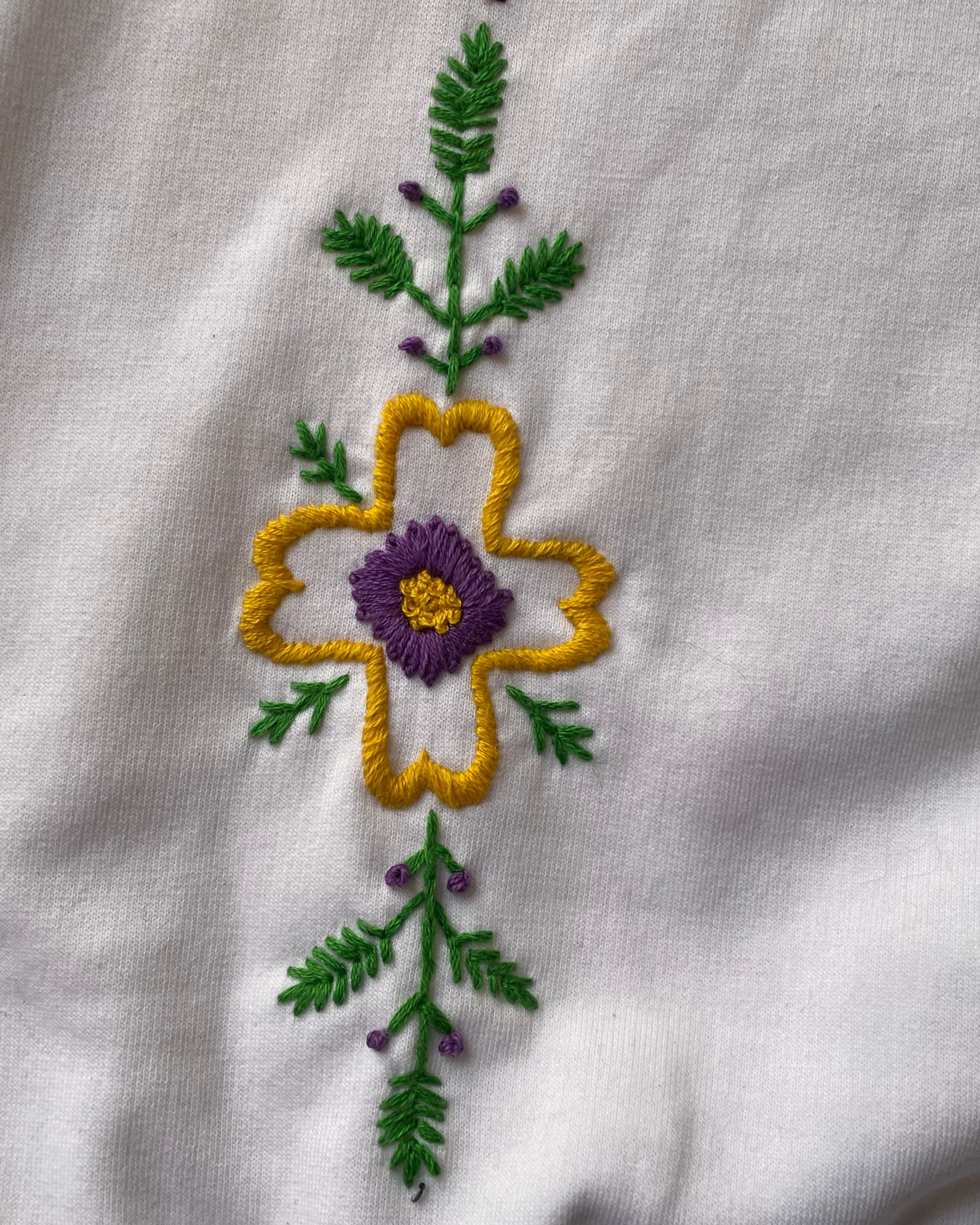 Embroidered flower design on a white fabric background