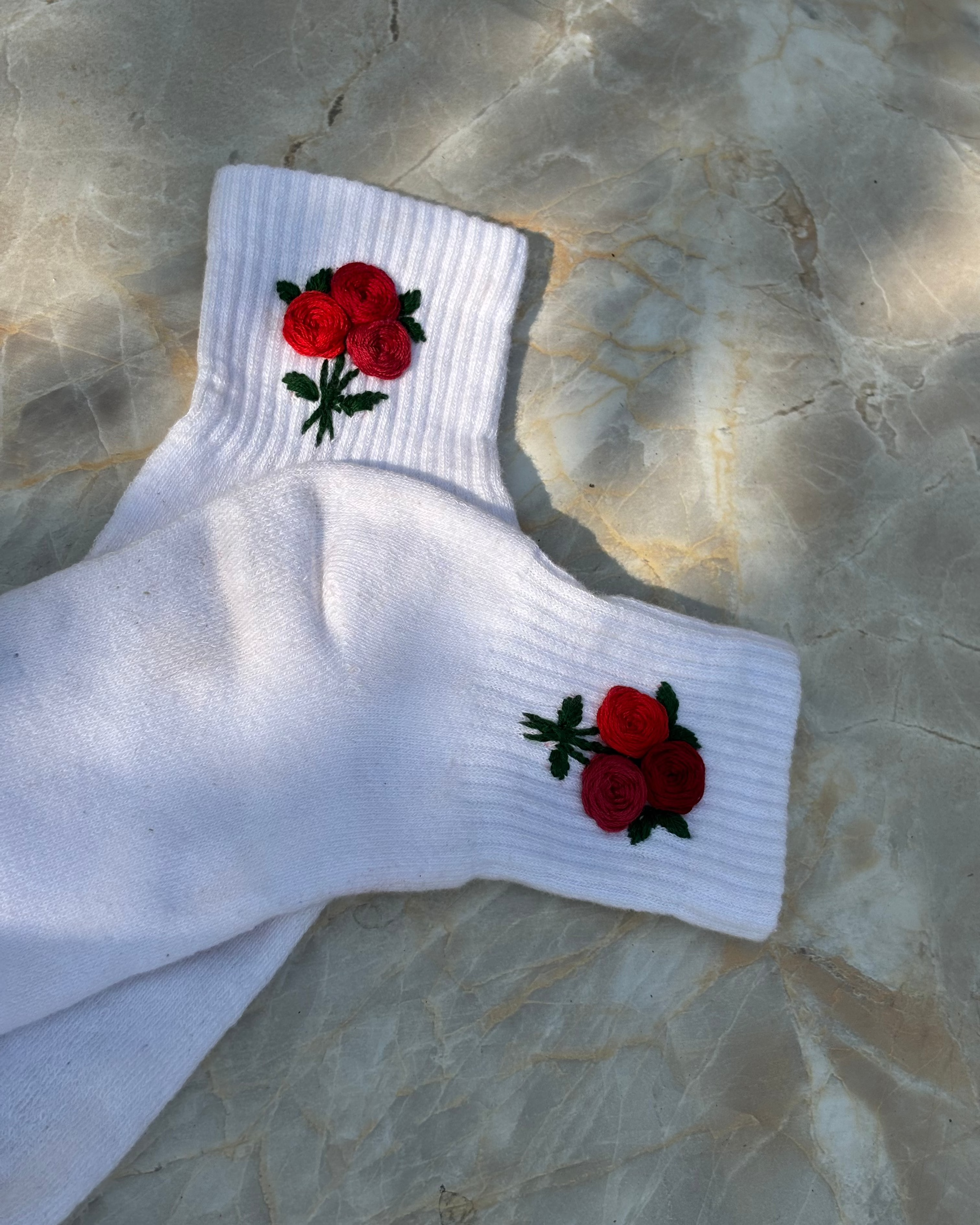 close up of Rose Hand Embroidery Socks - Vee Threads