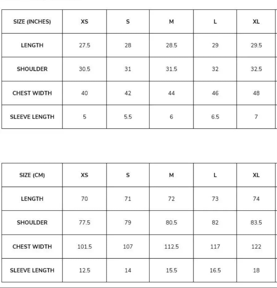 Size chart for clothing measurements in both inches and centimeters.