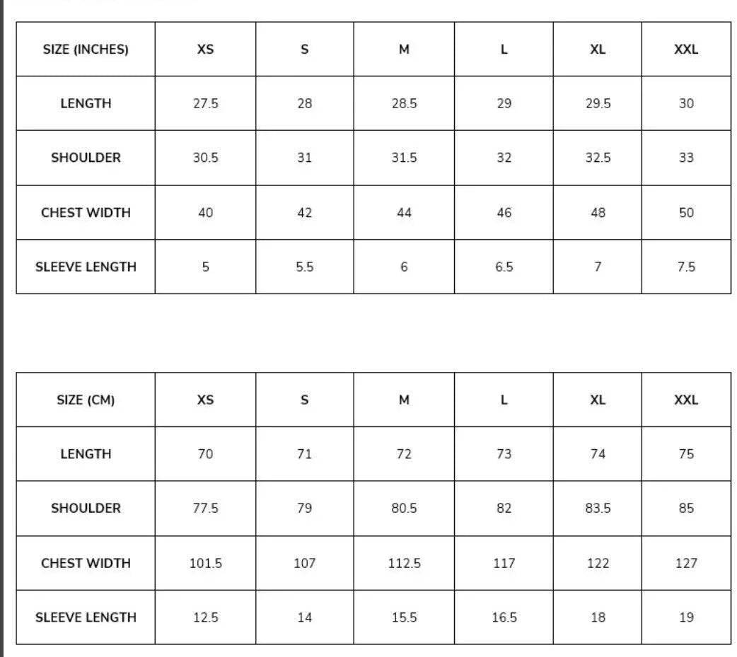 Size chart for clothing measurements in both inches and centimeters.