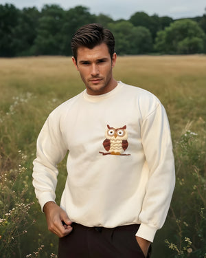 Owl Hand-Embroidered Loose Fit Sweatshirt Unisex - Vee Threads