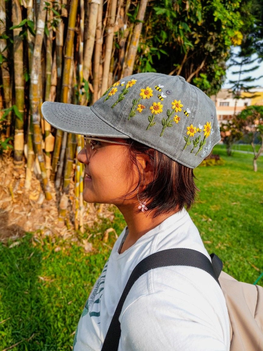 Sunflower field Hand Embroidery Caps | Unisex - Vee Threads