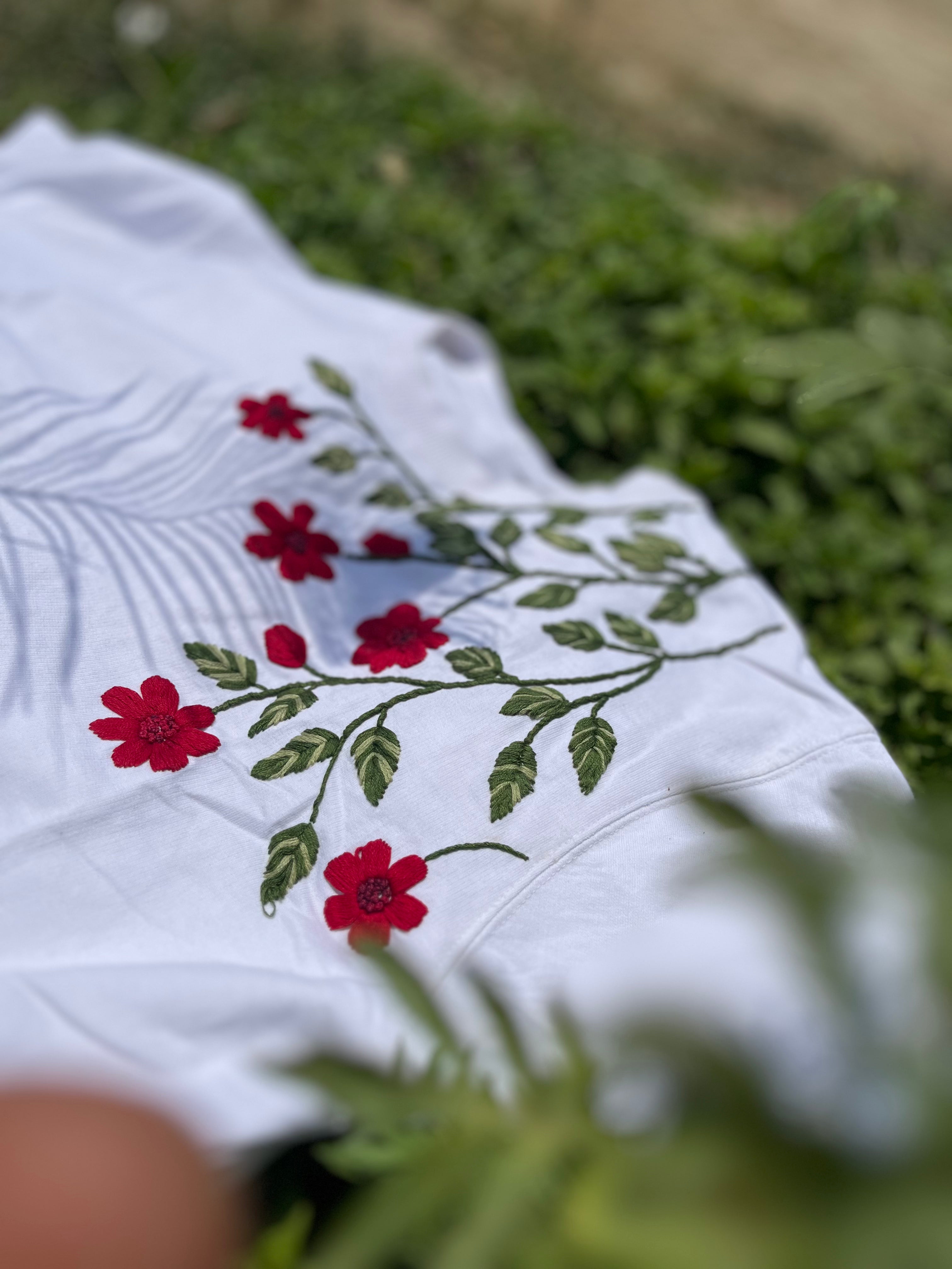 Scarlet Petal and Leaves hand embroidered T-shirt (Unisex) - Vee Threads